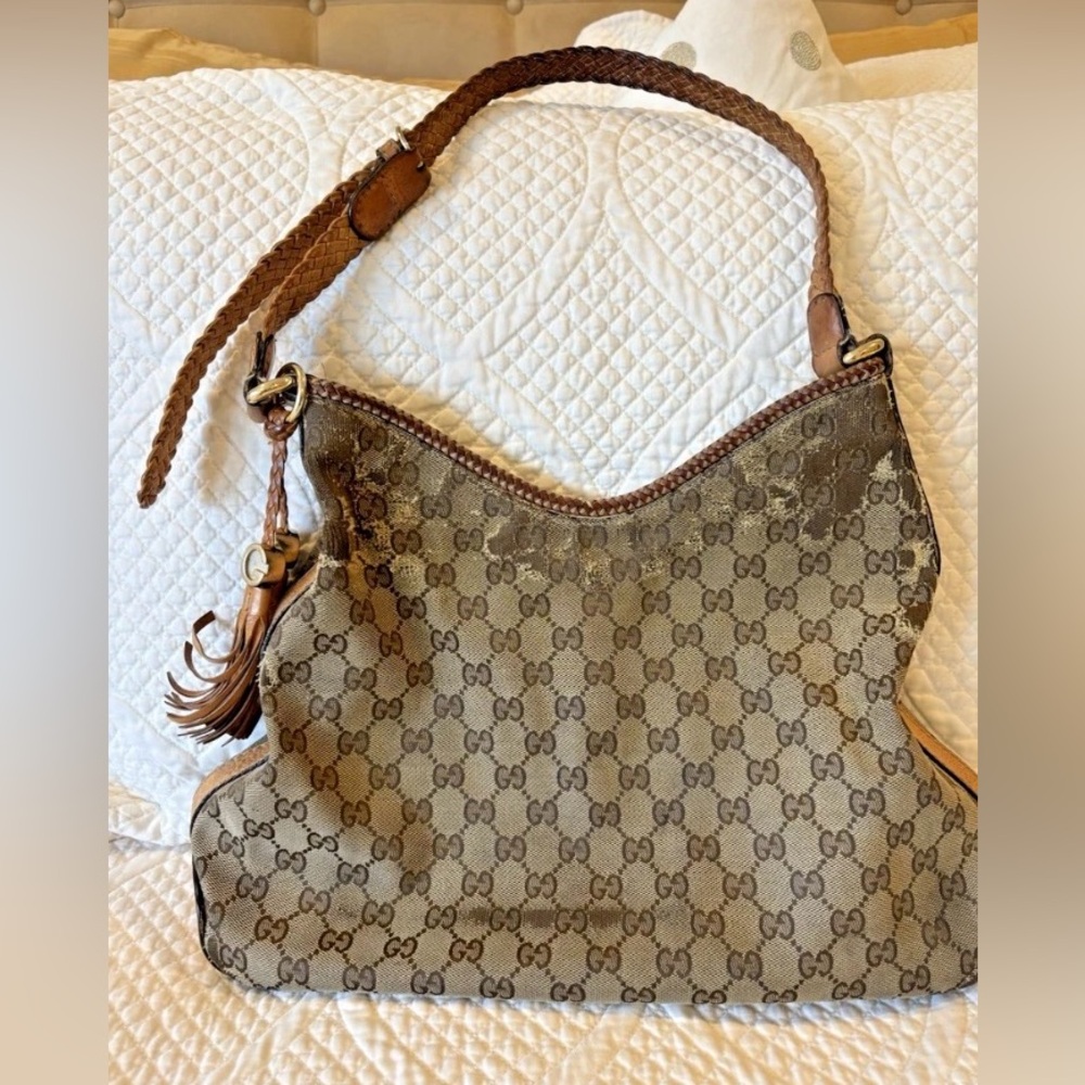 Gucci Marrakech Medium Hobo GG Pattern Canvas Tassel Shoulder Bag